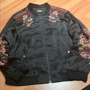 Johnny Was Black Bomber Jacket with Floral Embroidery